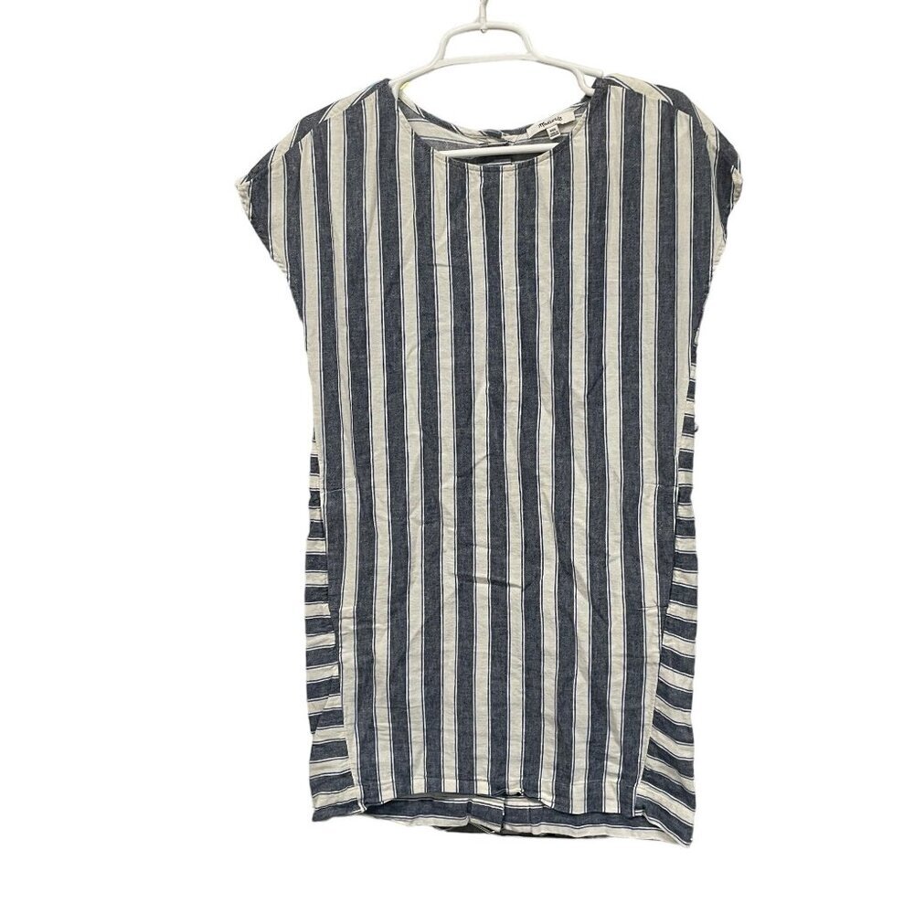 Madewell Striped Button-Back Dress‎ XXS Linen Blend Blue & White